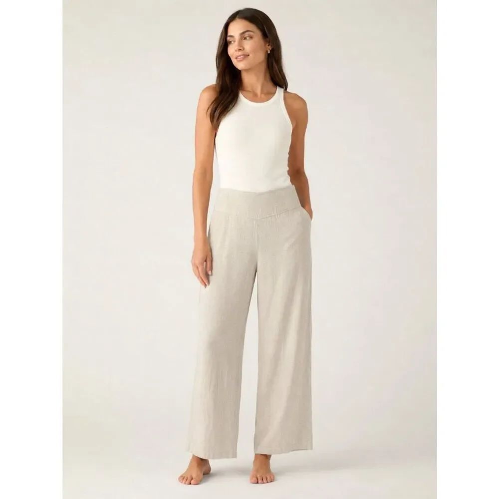Kenar 100% Linen Wide Leg Pants Size 8 Natural Beige Pull On Coastal